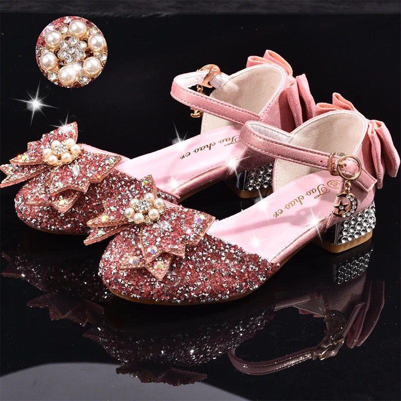Children's Silver 2024 New Leather Shoes Catwalk Dress Princess Performance Crystal Shoes Girls Soft Bottom Small High Heel Shoes 3