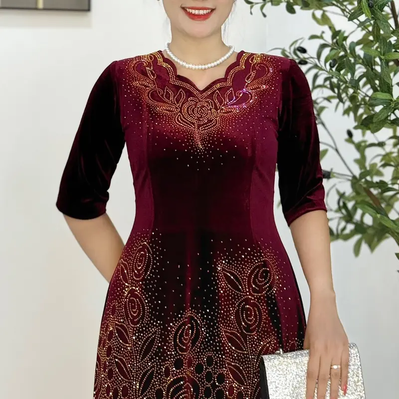 Đầm Trung Niên M678 Vải nhung tuyết co giãn size Từ 48-75kg ép đá dmc Ôm gọn Thanh lịch Dress Váy Nữ Tím Women Đỏ 6