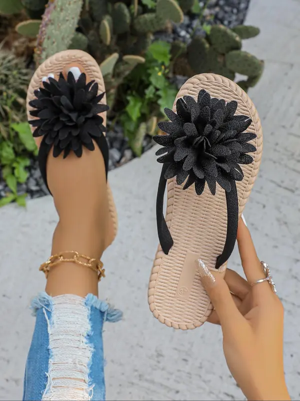 Women's Flower Decorated Flip Flops Slippers, Casual Comfortable Flat Sandals for Beach, Fashionable Barefoot Shoes for Indoor & Outdoor Wear 0