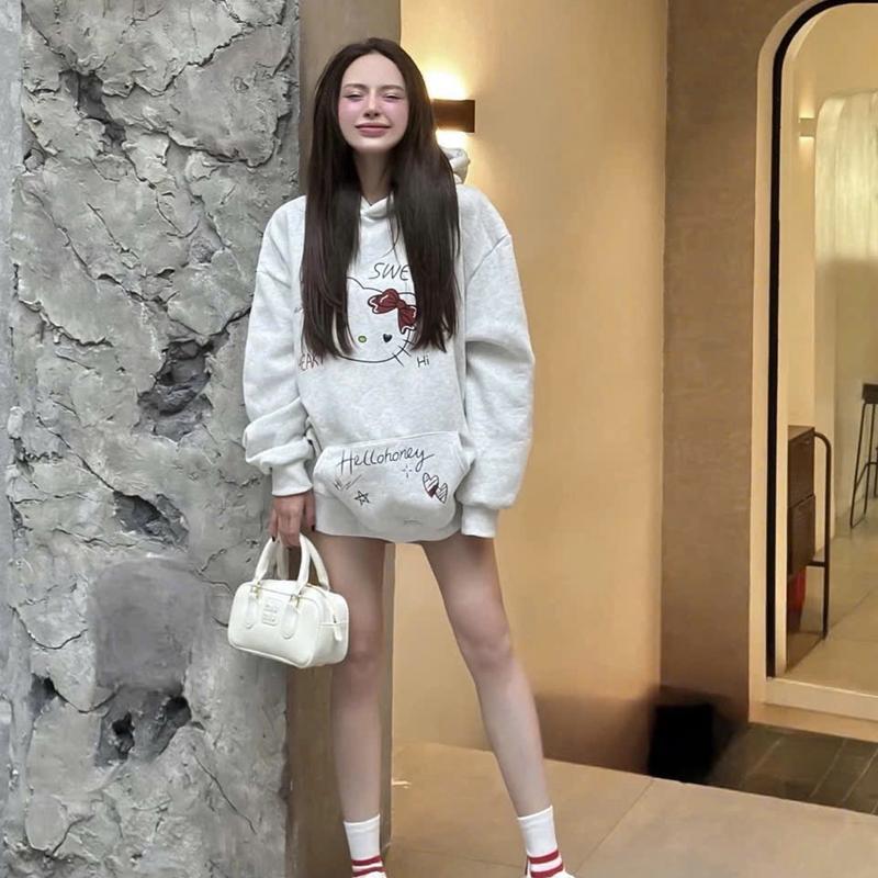 LUCY STORE HN HD3 Áo hoodie lót lông hoạ tiết mèo hello kitty màu xám nhạt cho nữ