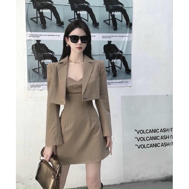   Có BigSize  Set Đầm 2 Dây Và Áo Khoác Vest Croptop Trẻ Trung Cá Tính CQ050 