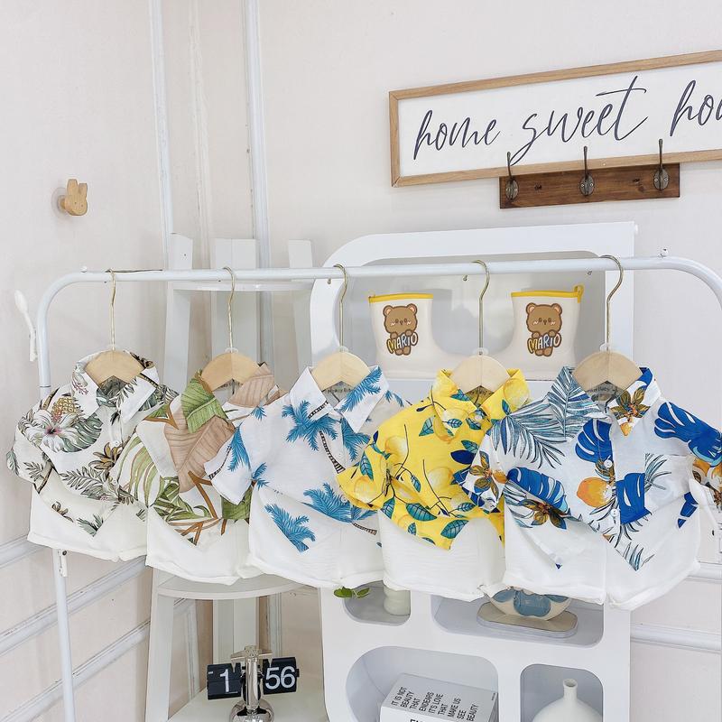 [ FREE SHIP] Full Size(8-26kg) Bộ Áo + Quần Sơ Mi Tay Ngắn Minkey Baby Hoa Lá Đi Chơi Chất  Đũi Hàng Thiết Kế Cho Bé Trai -Bé Gái ,Đồ Bộ Cho Bé Minkey Baby ,Minky Mom 1