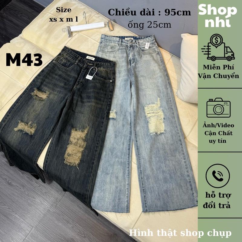  Quần jean nữ ống suông rộng rách lai tua 95cm size xs s m l jean ko giãn ống 25cm M43 