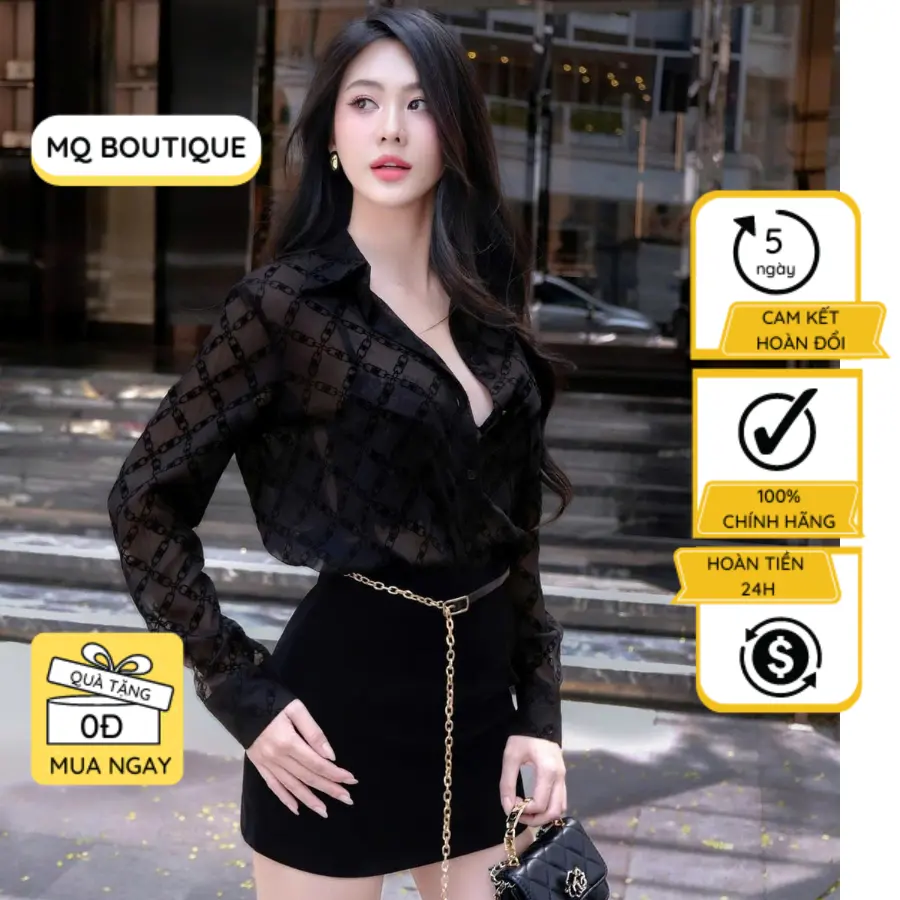 Áo sơ mi phối nhung tay dài MQ Boutique áo sơ mi tơ họa tiết xích tròn đan nền đen mềm họa thiết kế công sở