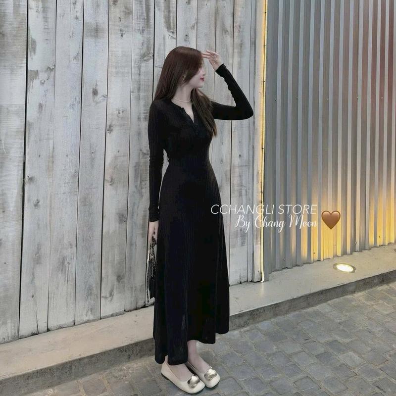 Đầm thun gân đũa tay dài đính nút đủ màu 2