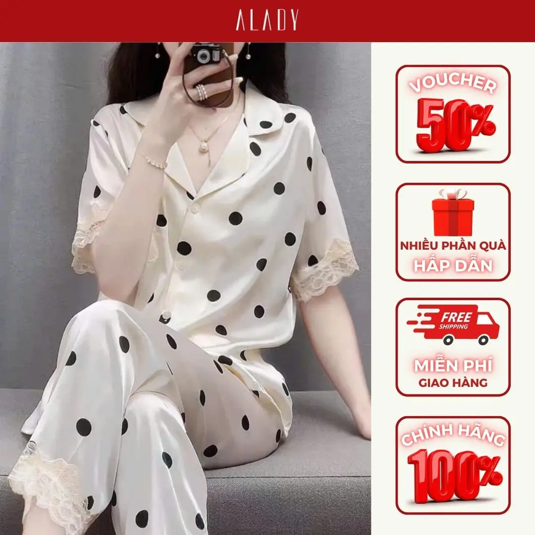 ALADY TN031 - Đồ bộ nữ Pijama trắng Áo tay ngắn họa tiết hoa, lụa Latin mềm mại Quần Ngủ