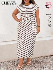 CURVZY Plus Size Autumn Aesthetic Striped Print Tie Front Split Thigh Tee Maxi Dress, Casual Cap Sleeve Long Dress, Fitted Batwing Sleeve Summer Dresses for Lady, Dress Hide Tummy, Women's Summer Clothing, Summer Dresses 2025