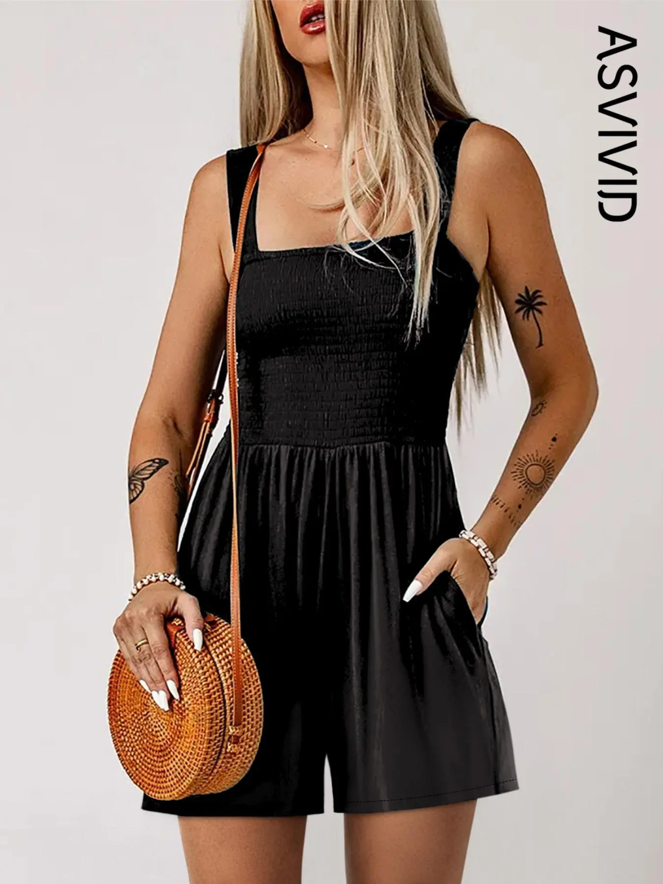 Women's Plain Pocket Shirred Tank Romper, Summer Clothes, Fashion Casual Square Neck Sleeveless Romper for Daily Outdoor Wear, Ladies Clothes for Summer, Pleated Jumpsuitwomen, Rompers for Women, Jumpsuit for Women, Overalls for Women, Womenswear