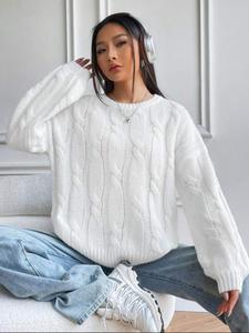 Women's Solid Textured Drop Shoulder Sweater, Casual Elegant Long Sleeve Round Neck Jumper for Spring & Fall, Fashion Women's Knitwear for Daily Wear, Going - Out Tops