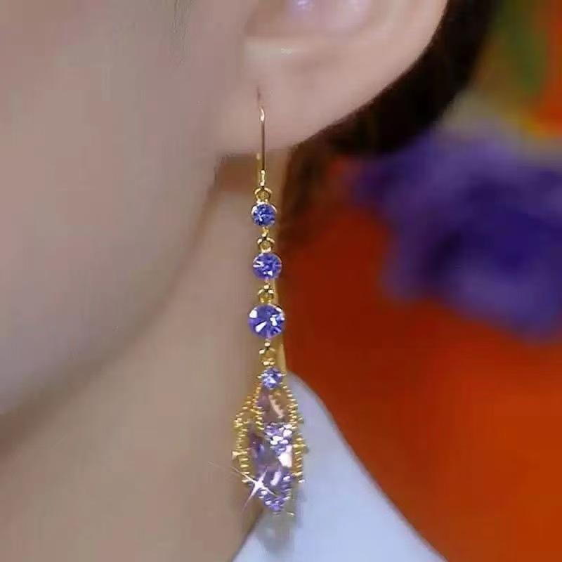 Product Introduction of Hot-Selling Purple Zircon Maple Leaf Threader Earrings New Long Tassel Versatile Elegant Earrings Exquisite Design Women's Earrings 4