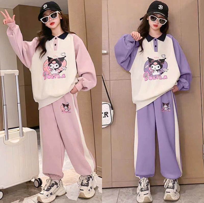 Set bộ quần áo thu đông cho bé gái từ 17-45kg bộ thu đông bé gái 4-15 tuổi mẫu in KUROMI chất nỉ da cá tàu mềm mịn giữ nhiệt tốt đường may kĩ.