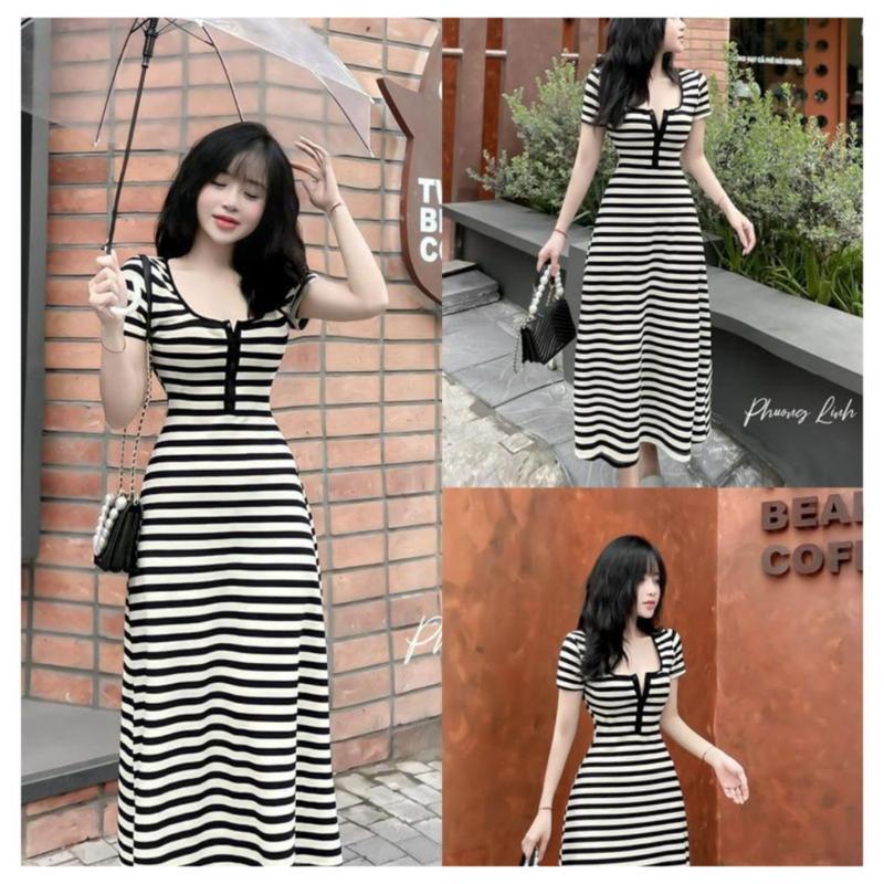  Dầm Body Nữ Kiểu Sọc Suông Dài váy Nữ Thiết Kế Tay Ngắn Basic Thời Trang Trẻ Trung Dễ Mặc LOTENA D111 Dress Sọc Kẻ Voan Sen 