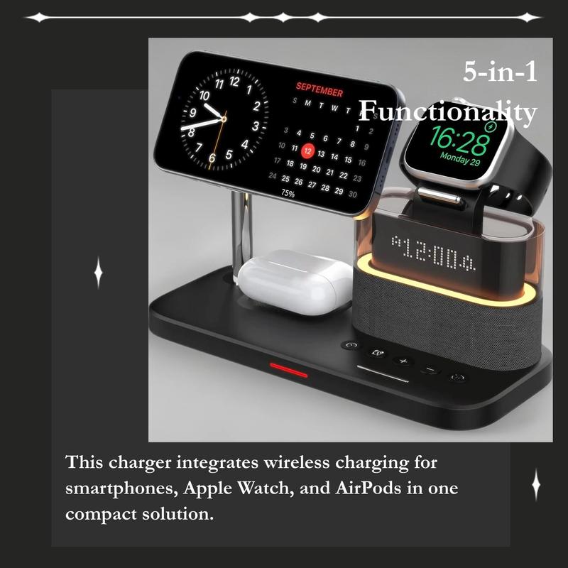 Product Introduction of 5-in-1 Wireless Charger for Smartphone, Wireless Multifunctional Charger with Clock, Magnetic Electronic Digital Wireless Charger Stand for iPhone 14 Pro Max, Apple Watch Series & Airpods, Gift for Mum, Men Gifts 1