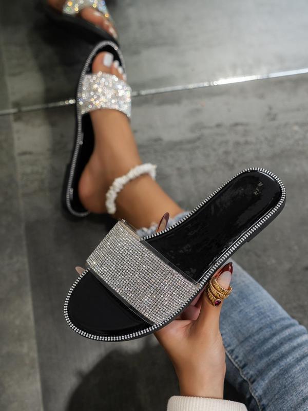 Summer 2024 Women's Fashion Rhinestone Decor Slide Sandals, Casual Summer Outdoor Flat Sandals for Vacation, New Trendy Lightweight Shoes for Beach 1