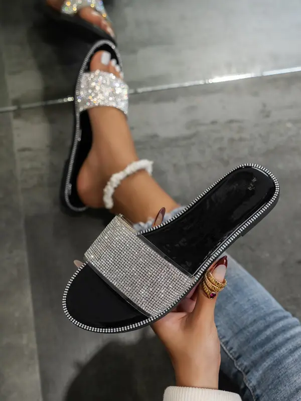 Summer 2024 Women's Fashion Rhinestone Decor Slide Sandals, Casual Summer Outdoor Flat Sandals for Vacation, New Trendy Lightweight Shoes for Beach 1