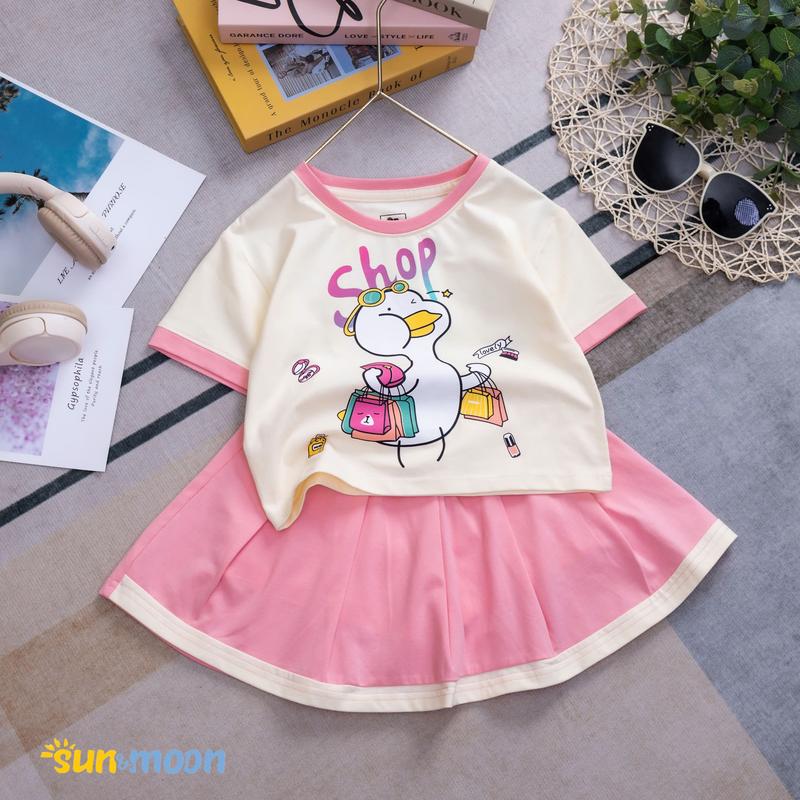 Set bộ cotton Sun Moon bé gái đi học đi chơi áo tay ngắn váy sọc cổ thủy thủ labubu ong hai tầng baby three vịt shop