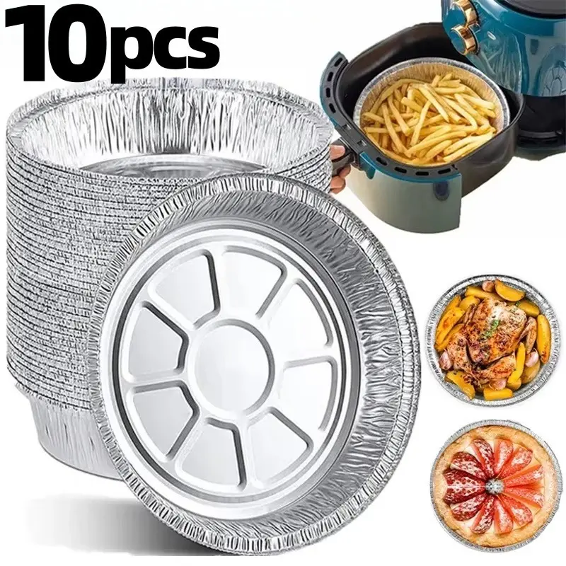 10Pcs 6/7/8inch Disposable Round Shaped Aluminum Foil Food Plates Multipurpose Non-stick Air Fryer Liner Roasting Container