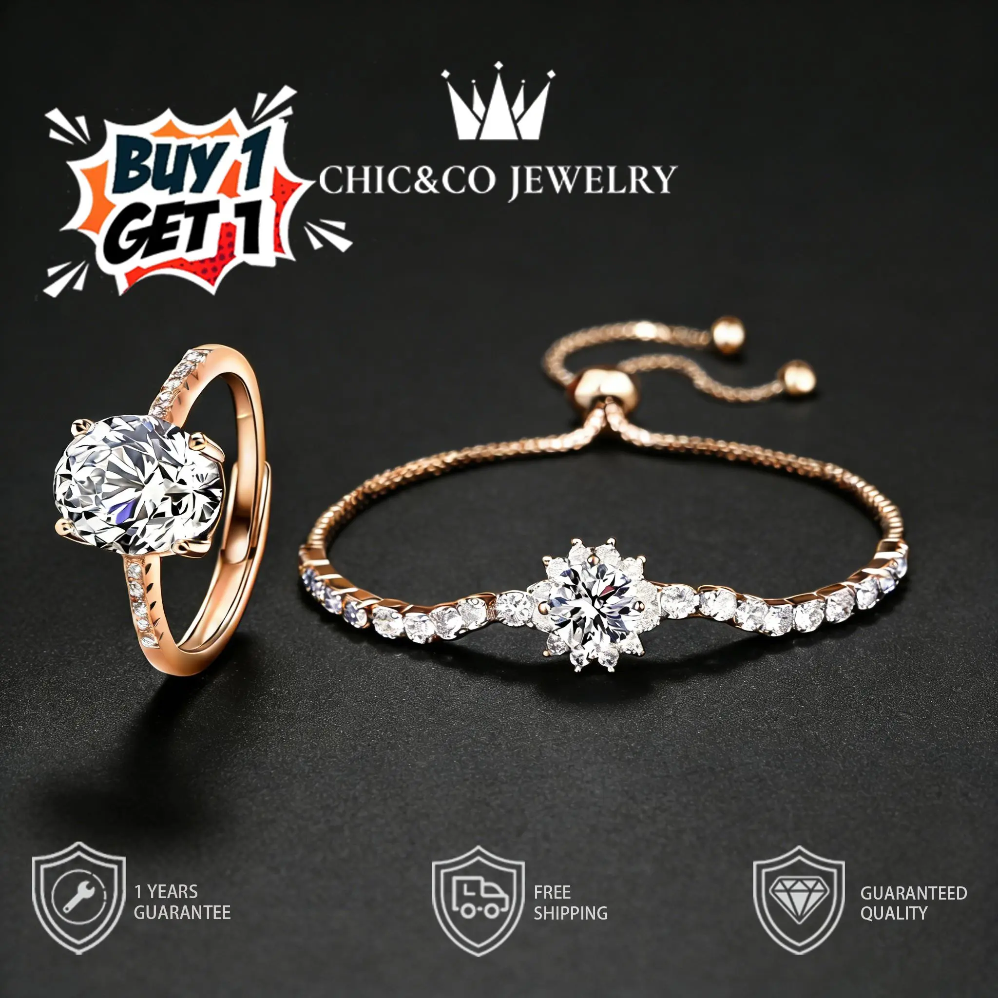 [BUY 1 GET 1] Cincin dan Gelang Zirkon Simpel WarnaEmas Mawar Penuh Berlian Geometris Cocok untuk Sehari-hari Pesta Hadiah Pernyataan Cinta CHIC&CO AdjustableAksesoris anti luntur anti perubahan warna Garansi1 TahunC0D 310 SL10