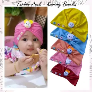 Turban Anak Lucu Motif Kancing Boneka Usia 0-3 Tahun / Turban Bayi Perempuan Bahan Jersey Cantik Muslim