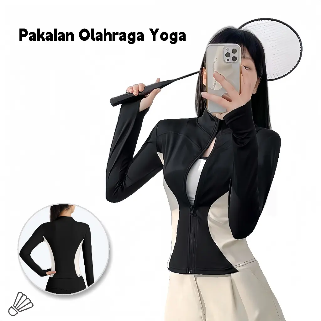 Atasan Olahraga Wanita Muslimah Pelindung UV Jaket Leher Tinggi untuk Yoga dan Fitness Lengan Panjang Menutupi Tubuh Pakaian Olahraga Bernapas Sport Sport