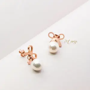 Giselle Earrings | Anting tusuk gantung titanium anti karat pita mutiara korea cantik aksesoris wanita trendy stylish