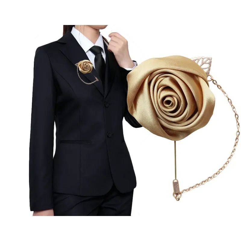 Gold Satin Wedding Rose Boutonniere ,Best Men Groom Bride Flowers with Pin for Wedding Prom Corsage Party Accessories XH0273