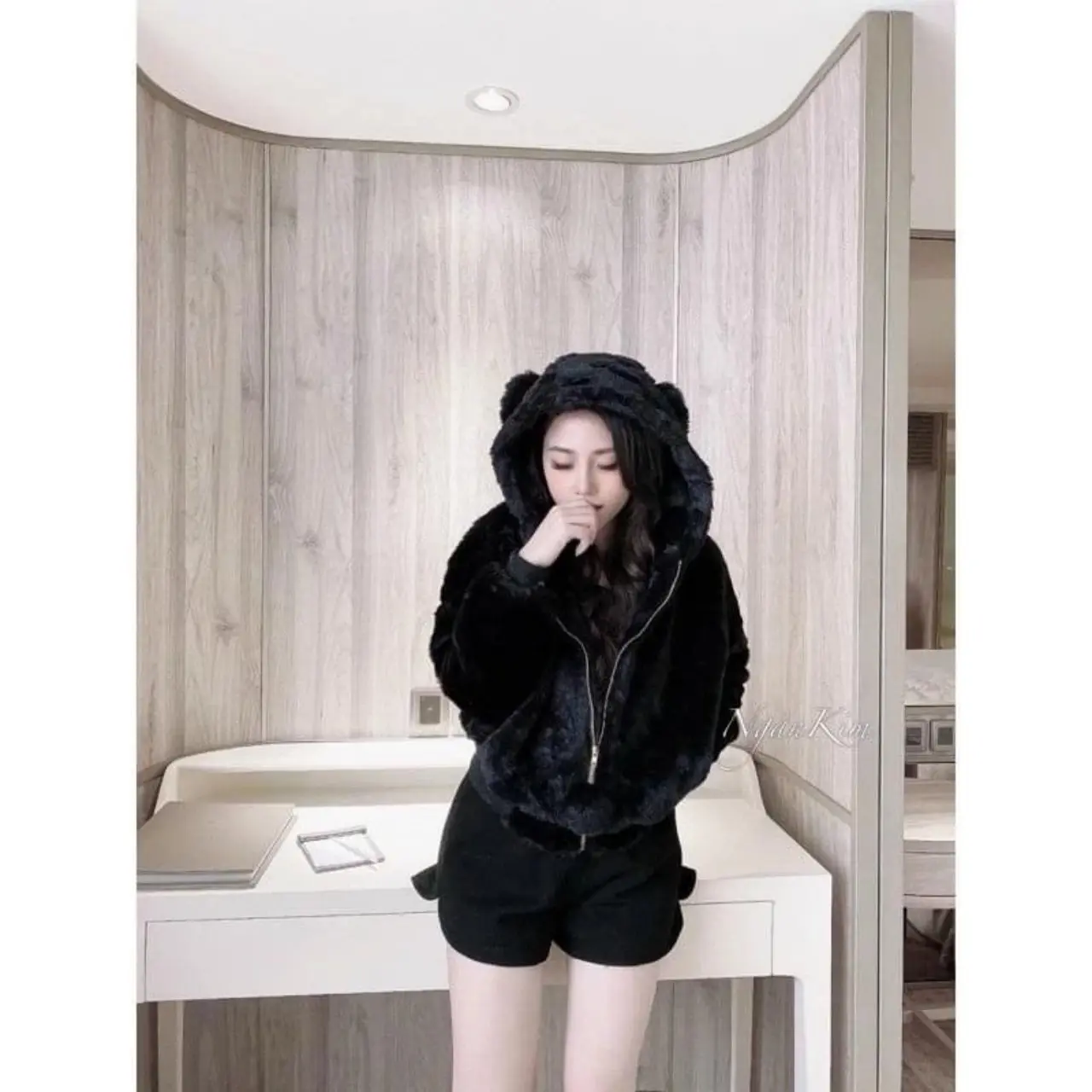ÁO HOODIE LÔNG CỪU TAI THỎ MÀU ĐEN ULZZANG ẤM ĐẸP