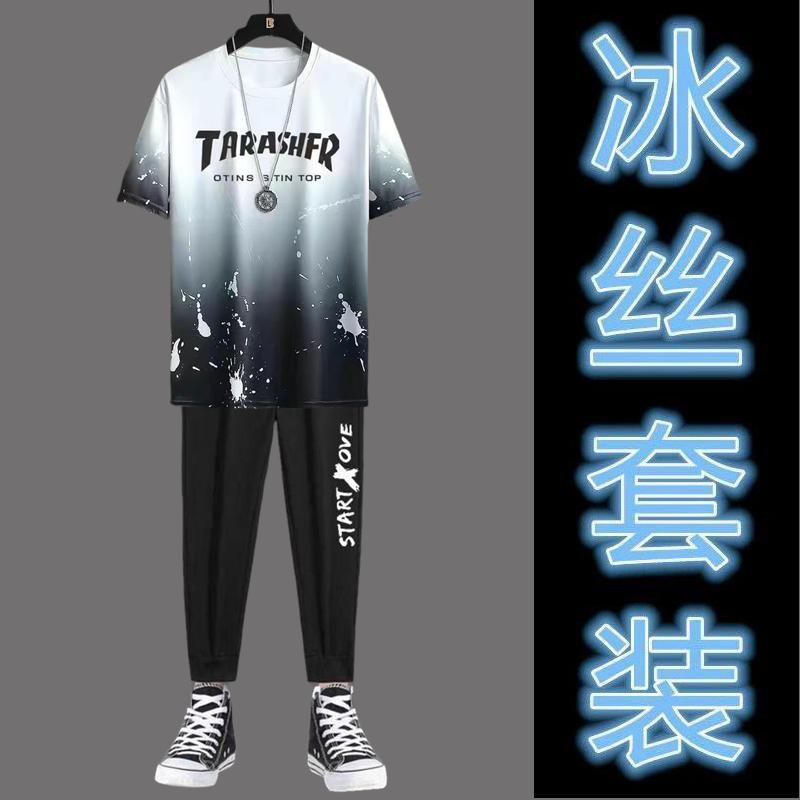 Product Introduction of 2PCS Men Suit Fashion All-Match Sports Running Fitness Top Pants Thin Casual Sports Suit Ice Silk Short Sleeve New Gradient T-shirt Cropped Pants Casual Pants 15