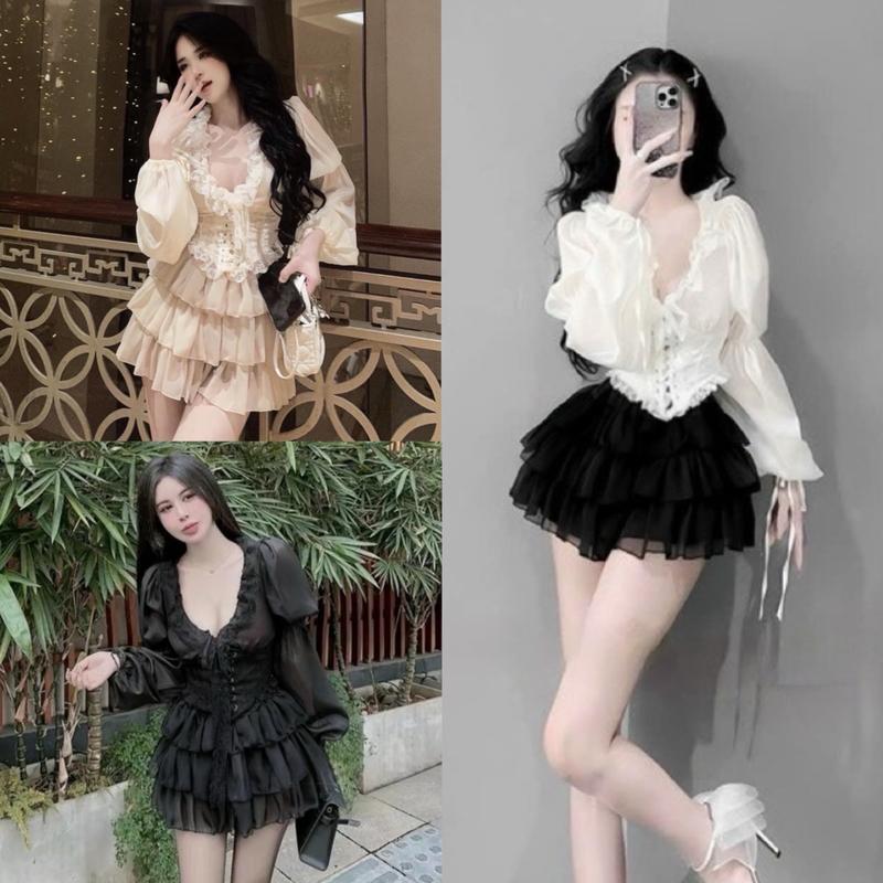 Set Váy Voan Áo Tiểu Thư Bèo Tay dài ĐìnhLanAnhstore Nữ