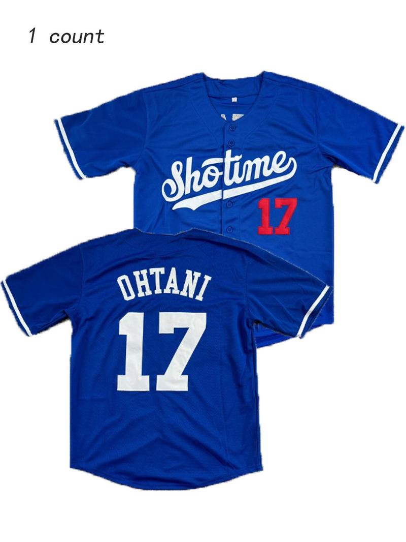 Product Introduction of Men's Letter & Figure Patched V Neck Baseball Jersey, Loose Casual Comfortable Breathable Button Front Short Sleeve Baseball Top for Daily Wear, Men's Sportswear for All Seasons 7