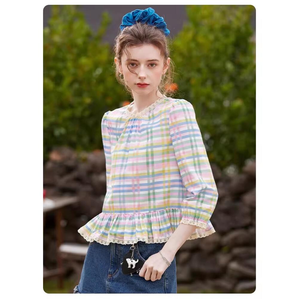 CHICMORE Atasan kemeja kotak-kotak longgar bergaya retro cantik untuk wanita