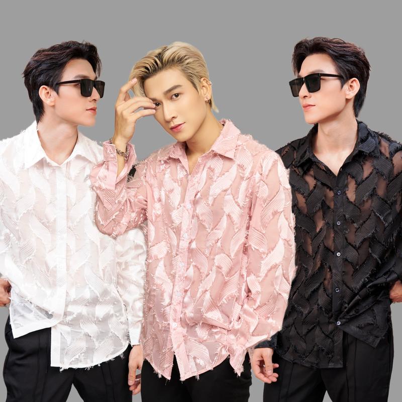 Áo Sơ Mi Nam Tay Dài Màu Hồng Pastel Họa Tiết Chiếc Lá Thương Hiệu Mr Twins Menswear Cổ Tròn