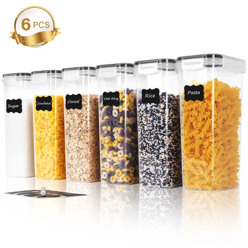 Food Storage Container with Lid, 3/4/6 Counts Food Storage Box with Label Sticker and Marker, Kitchen Food Storage Organizer for Flour, Sugar, Grain, Snack and Dry Food 0