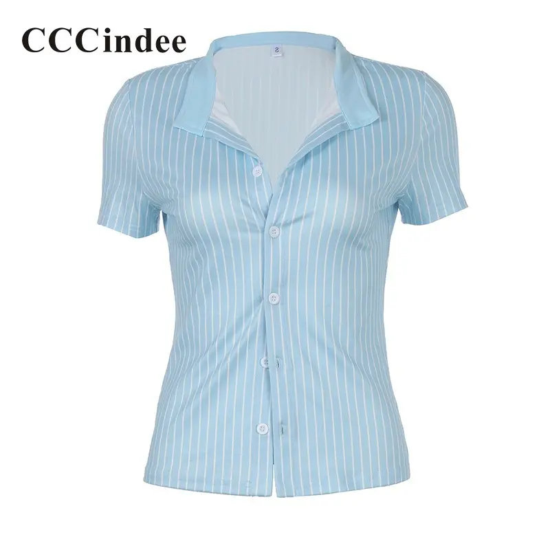 CCCindee Women's 2024 Blue and White Vertical Striped Button-up Shirt