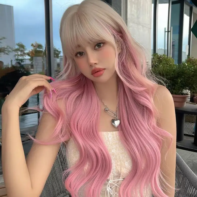 Tóc Giả Nguyên Đầu Ombre Xoăn Dợn Khói Hồng Women Wig Women Wig 2