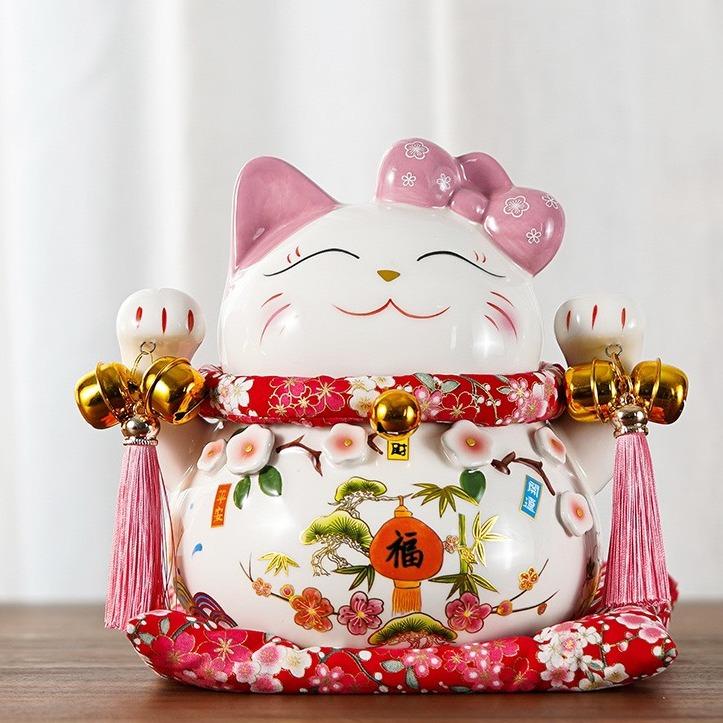 Mèo Thần Tài Đút Tiết Kiệm Khai Hoa Phú Quý 20cm-23cm-25cm Bằng Gốm Sứ Cao Cấp Đi Kèm Gối Đỏ, Ống Heo Đựng Tiền Hình Mèo Thần Tài