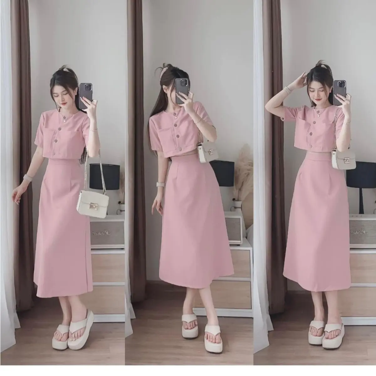 Set váy nữ áo croptop gài nút túi hộp chân váy dài  thanh lịch xᶖnh xắn đi chơi ,đi làm dạo phố Quần Đen