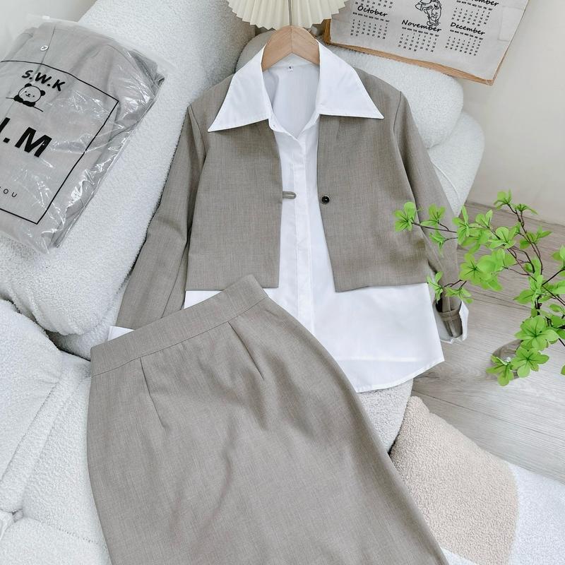[Kim Clothing] Set 3 món áo sơ mi tay dài cổ bẻ + áo blazer croptop gài nút + chân váy bút chì 2
