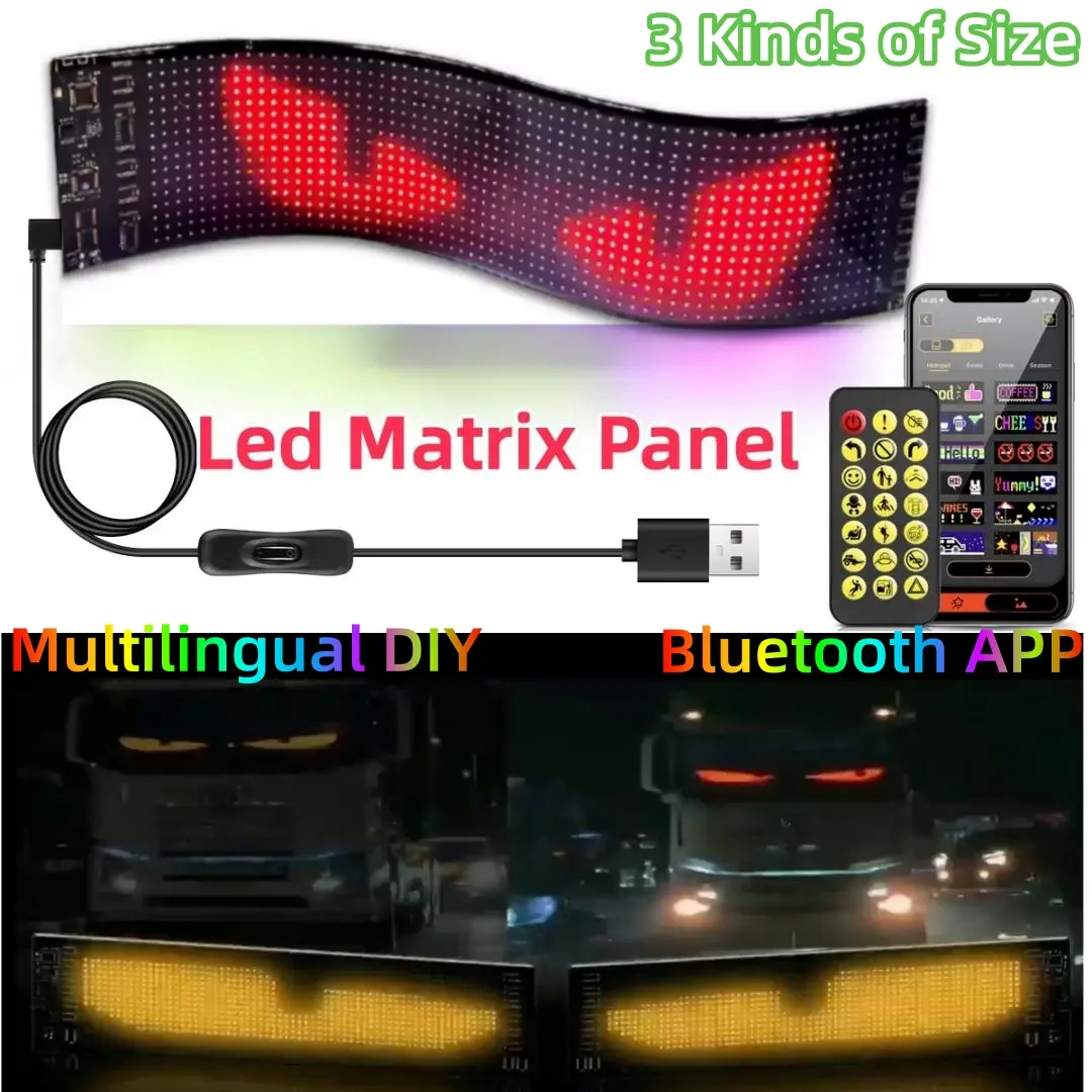 แผงพิกเซลเมทริกซ์ LED USB, 5V, พร้อมรีโมทคอนโทรลแอพ, หลายภาษา, ไฟ LED สโลบแบบยืดหยุ่น, ป้ายโฆษณาแบบสดใส, รูปแบบ RGB, เหมาะสำหรับรถยนต์และรถบรรทุก, ไฟแสดงการเคลื่อนไหวตาปีศาจ