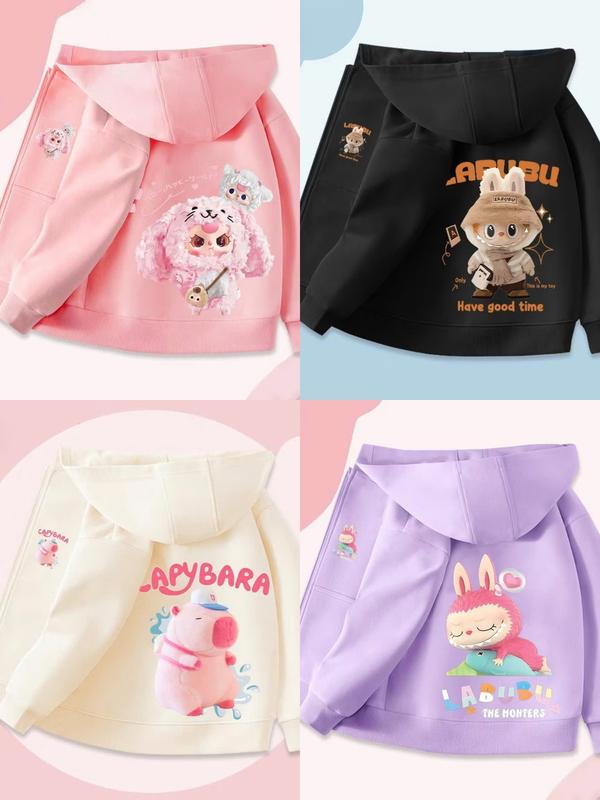 Áo Khoác Nỉ Bông Tàu 4 màu 4 Hình LABUBU CAPYPARA BABY THREE có Túi Mũ và Khóa Kéo dành cho bé Gái từ 14-45Kg