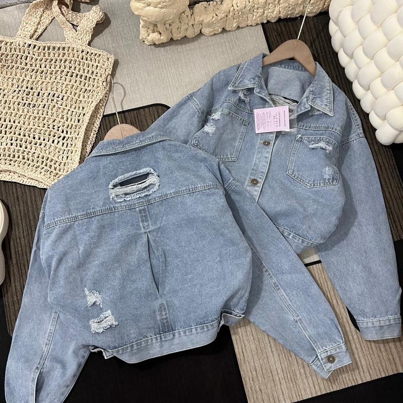 Áo khoác jean from ngắn,rách sau