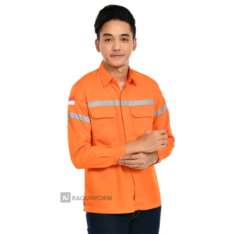 Seragam Kerja, Baju Industri, Baju Lapangan, Baju Safety Lengan Panjang, Baju Safety Proyek, Seragam Proyek, Kemeja Safety Abu Biru Bordir Merah Putih Wearpack 3