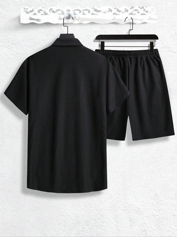 Men's Solid Short Sleeve Polo Shirt & Shorts Jacquard Knits Set, Regular Fit Casual Comfy Button Front Top & Shorts for Summer, Men's Clothes for Beach Vacation 3