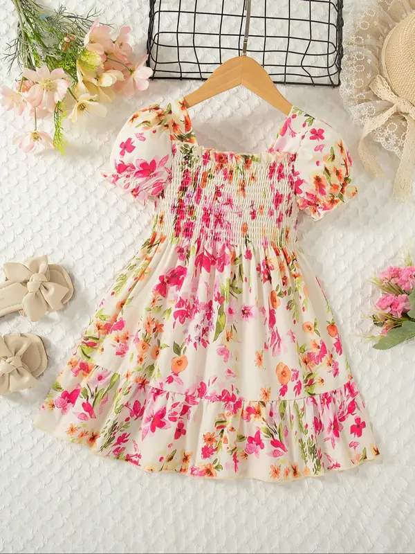 Girl's Floral Print Flounce Sleeve Dress, Casual Short Sleeve A Line Dress for Summer, Kids Clothes for Daily Wear 0