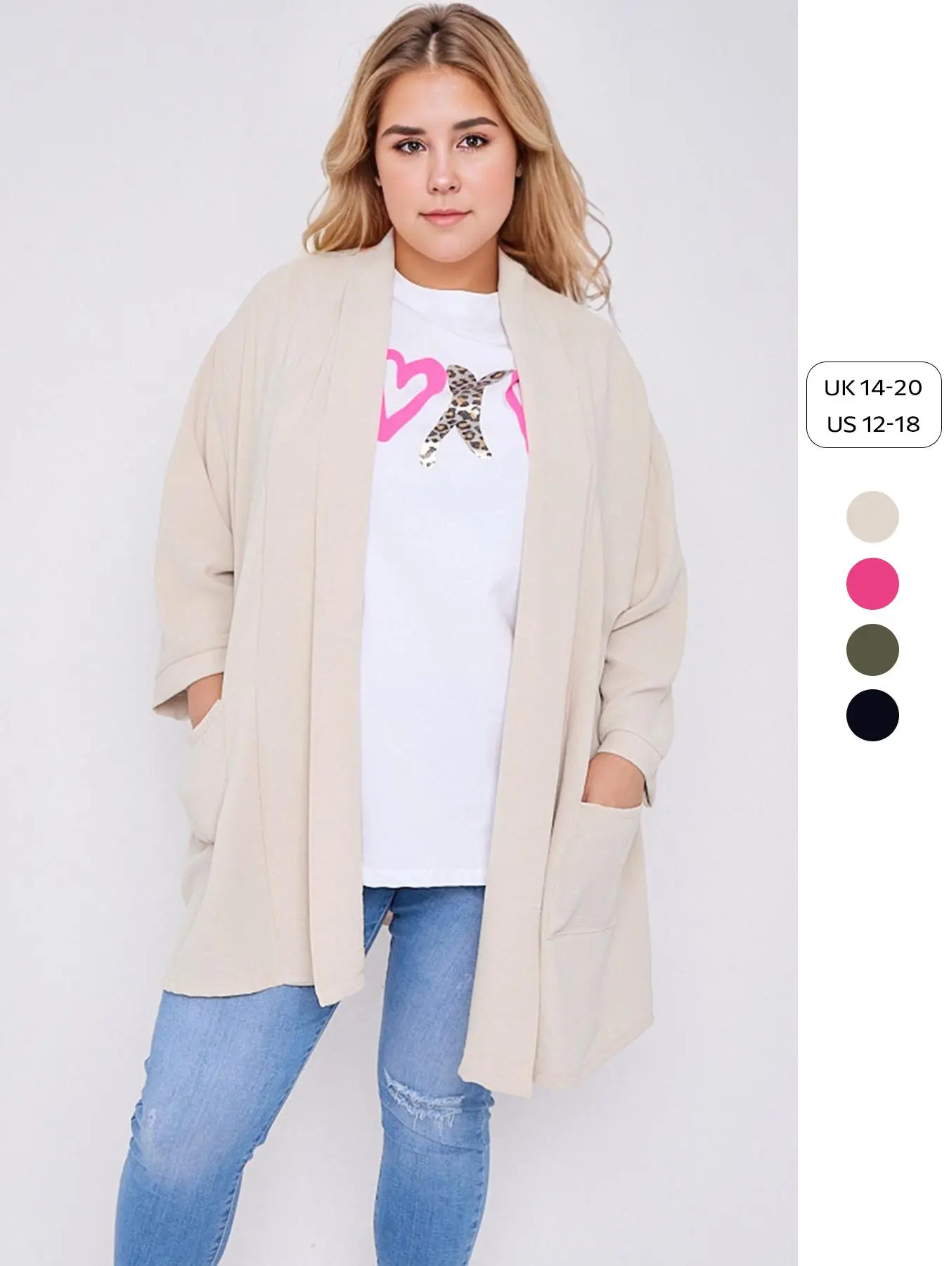 【Plus Size】 Women's Solid Color Open Front Jacket, Casual Pocket Long Sleeve Outerwear for Summer, Ladies Clothes for Daily Wear
