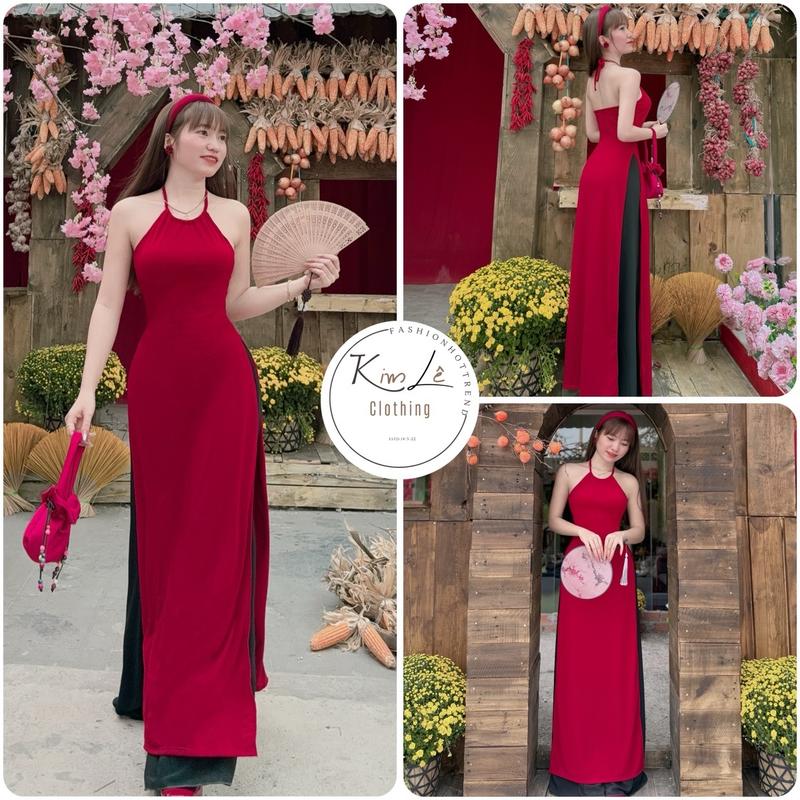  Set Bộ Áo Dài Thun Ladong Cổ Yếm Cột Dây Phối Quần Ống Rộng Hiện Đại Nữ Tính Diện Tết  Có Mút   Women 