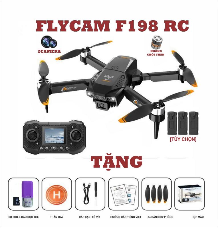 FLYCAM F198 RC. ĐỘNG CƠ KHÔNG CHỔI THAN+2 CAMERA+ĐỊNH VỊ QUANG HỌC+ĐIỀU KHIỂN CÓ MÀN HÌNH HIỂN THỊ