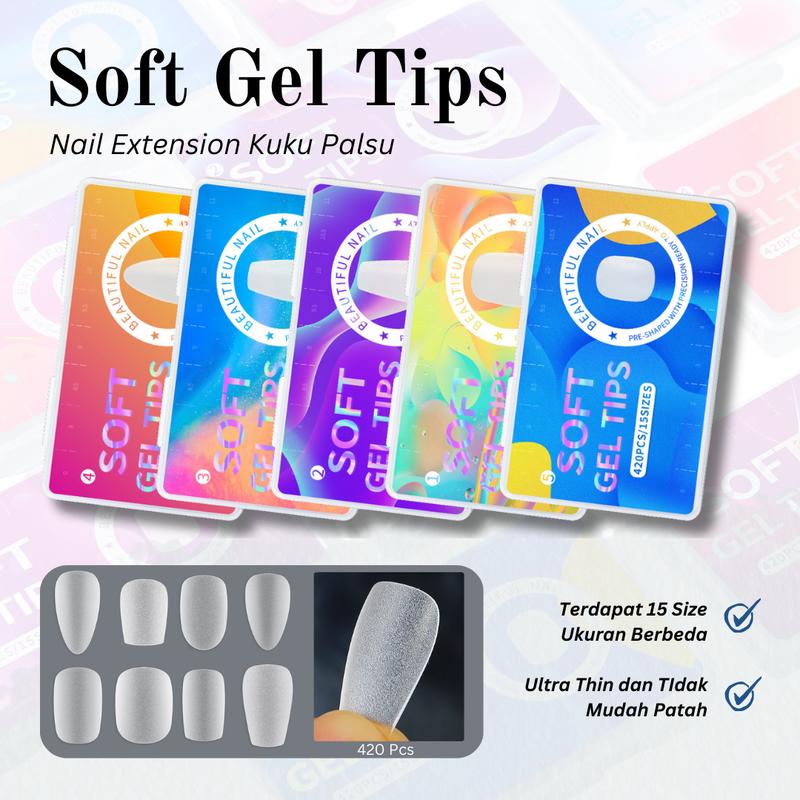 Soft Gel Tip 420pcs Nail Extension/Soft Fake Nails Full Buff 15 Size/Rising lady solid adhesive Kuku Palsu UV 0
