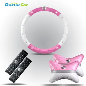 5 IN 1 Combo Pink White Mahkota Berlian Cover Stir, Bantal Leher 2Pcs, Cover Seat Belt 2Pcs