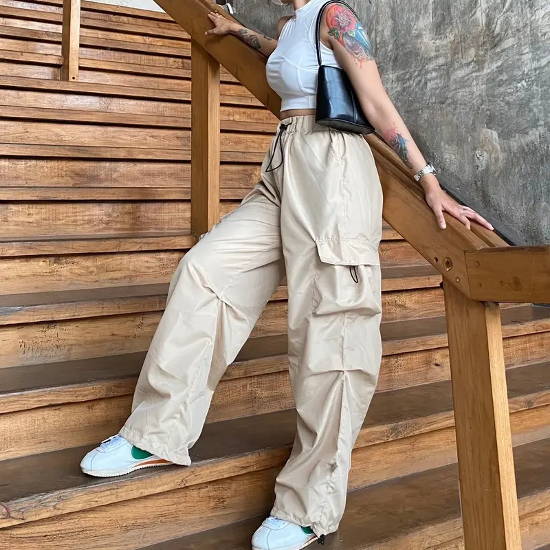 AIGO - celana cargo parasut panjang streetwear unisex Santai Karet Serut Wanita Kulot Jogger 4